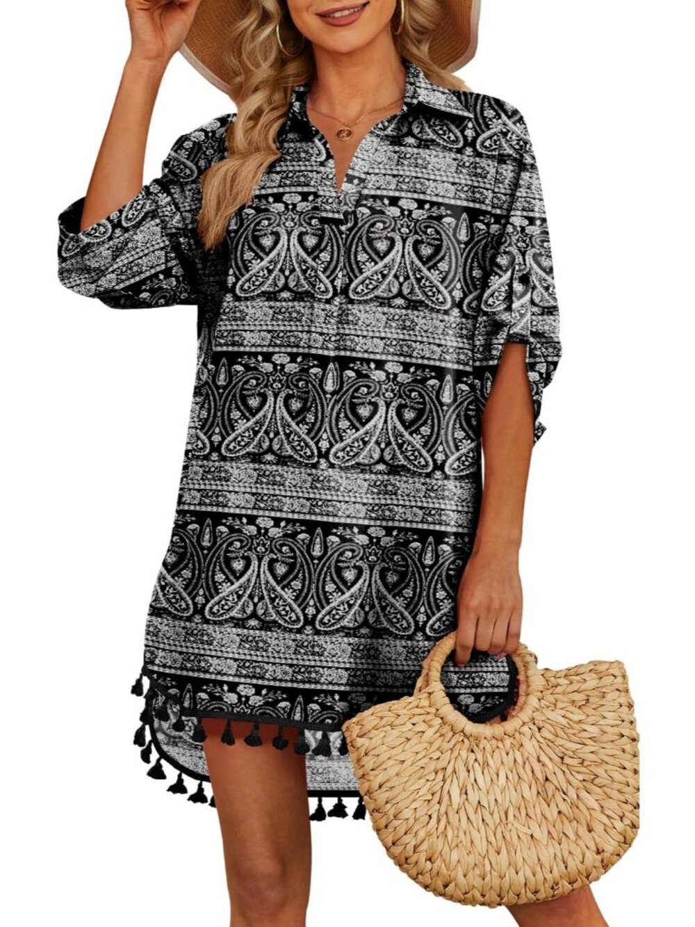 Women's Black Khaki Polyester Cover Up Tassel Swimsuit Bathing Suit for Swimwear